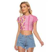 Pastel Magenta Aloha Hawaii Tiki Raglan Cropped T Shirt Tropical Plumeria - Seamless Style LT14 Female Magenta - Polynesian Pride
