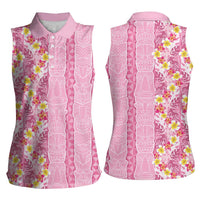 Pastel Magenta Aloha Hawaii Tiki Women Sleeveless Polo Shirt Tropical Plumeria - Seamless Style