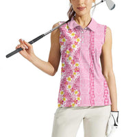 Pastel Magenta Aloha Hawaii Tiki Women Sleeveless Polo Shirt Tropical Plumeria - Seamless Style
