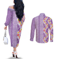 Lush Lilac Aloha Hawaii Tiki Couples Matching Off The Shoulder Long Sleeve Dress and Long Sleeve Button Shirt Tropical Plumeria - Seamless Style