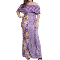 Lush Lilac Aloha Hawaii Tiki Off Shoulder Maxi Dress Tropical Plumeria - Seamless Style LT14 Women Purple - Polynesian Pride