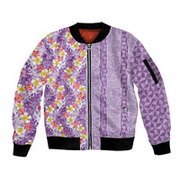Lush Lilac Aloha Hawaii Tiki Sleeve Zip Bomber Jacket Tropical Plumeria - Seamless Style