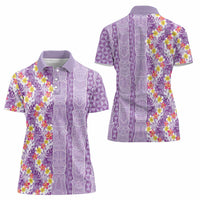 Lush Lilac Aloha Hawaii Tiki Women Polo Shirt Tropical Plumeria - Seamless Style