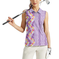Lush Lilac Aloha Hawaii Tiki Women Sleeveless Polo Shirt Tropical Plumeria - Seamless Style