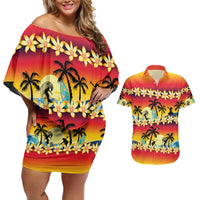 Tropical Islands Sunset Hawaii Couples Matching Off Shoulder Short Dress and Hawaiian Shirt Go Surfing With Hula Girl - Summer Vibes