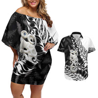Aotearoa Manaia NZ Maori Silver Fern Couples Matching Off Shoulder Short Dress and Hawaiian Shirt LT14 Black - Polynesian Pride