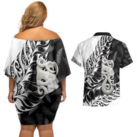 Aotearoa Manaia NZ Maori Silver Fern Couples Matching Off Shoulder Short Dress and Hawaiian Shirt LT14 - Polynesian Pride