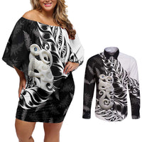 Aotearoa Manaia NZ Maori Silver Fern Couples Matching Off Shoulder Short Dress and Long Sleeve Button Shirt LT14 Black - Polynesian Pride