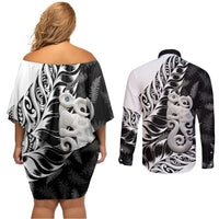Aotearoa Manaia NZ Maori Silver Fern Couples Matching Off Shoulder Short Dress and Long Sleeve Button Shirt LT14 - Polynesian Pride