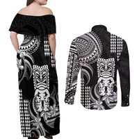 Hawaii Ku God Couples Matching Off Shoulder Maxi Dress and Long Sleeve Button Shirt Kakau Mix Polynesian Tattoo LT14 - Polynesian Pride