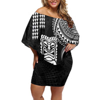 Hawaii Ku God Off Shoulder Short Dress Kakau Mix Polynesian Tattoo LT14 Women Black - Polynesian Pride