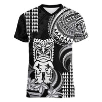 Hawaii Ku God Women V-Neck T-Shirt Kakau Mix Polynesian Tattoo LT14 Female Black - Polynesian Pride