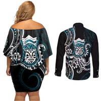 Turquoise Hawaii Kanaloa God Couples Matching Off Shoulder Short Dress and Long Sleeve Button Shirt Hawaiian Octopus LT14 - Polynesian Pride