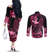 Aloha Hawaii Maui Couples Matching Off The Shoulder Long Sleeve Dress and Long Sleeve Button Shirt Valley Isle Humpback Whale Black LT14 - Polynesian Pride