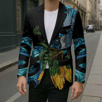 Turquoise New Zealand Kowhai And Piwakawaka Blazer Maori Ngaru Paua Shell - Polynesian Pride