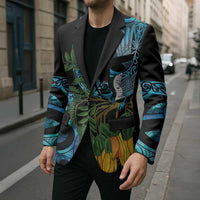 Turquoise New Zealand Kowhai And Piwakawaka Blazer Maori Ngaru Paua Shell - Polynesian Pride