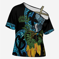 Turquoise New Zealand Kowhai And Piwakawaka Cross Shoulder Shirt Maori Ngaru Paua Shell - Polynesian Pride