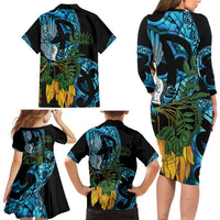 Turquoise New Zealand Kowhai And Piwakawaka Family Matching Long Sleeve Bodycon Dress and Hawaiian Shirt Maori Ngaru Paua Shell