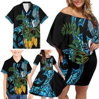 Turquoise New Zealand Kowhai And Piwakawaka Family Matching Off Shoulder Short Dress and Hawaiian Shirt Maori Ngaru Paua Shell
