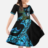 Turquoise New Zealand Kowhai And Piwakawaka Family Matching Short Sleeve Bodycon Dress and Hawaiian Shirt Maori Ngaru Paua Shell