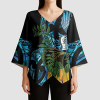Turquoise New Zealand Kowhai And Piwakawaka Kimono Sleeve Blouse Maori Ngaru Paua Shell - Polynesian Pride