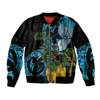Turquoise New Zealand Kowhai And Piwakawaka Sleeve Zip Bomber Jacket Maori Ngaru Paua Shell