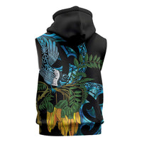 Turquoise New Zealand Kowhai And Piwakawaka Sleeveless Hoodie Maori Ngaru Paua Shell - Polynesian Pride
