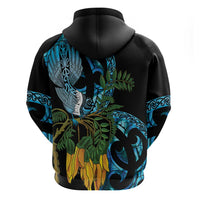 Turquoise New Zealand Kowhai And Piwakawaka Zip Hoodie Maori Ngaru Paua Shell