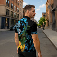 Turquoise New Zealand Kowhai And Piwakawaka Zipper Polo Shirt Maori Ngaru Paua Shell - Polynesian Pride