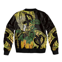 Yellow New Zealand Kowhai And Piwakawaka Bomber Jacket Maori Ngaru Paua Shell