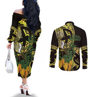 Yellow New Zealand Kowhai And Piwakawaka Couples Matching Off The Shoulder Long Sleeve Dress and Long Sleeve Button Shirt Maori Ngaru Paua Shell