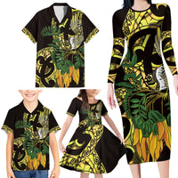 Yellow New Zealand Kowhai And Piwakawaka Family Matching Long Sleeve Bodycon Dress and Hawaiian Shirt Maori Ngaru Paua Shell