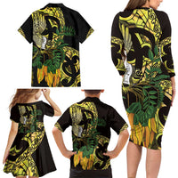 Yellow New Zealand Kowhai And Piwakawaka Family Matching Long Sleeve Bodycon Dress and Hawaiian Shirt Maori Ngaru Paua Shell