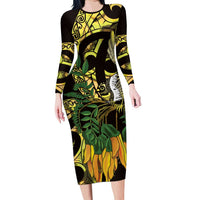 Yellow New Zealand Kowhai And Piwakawaka Family Matching Long Sleeve Bodycon Dress and Hawaiian Shirt Maori Ngaru Paua Shell