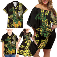 Yellow New Zealand Kowhai And Piwakawaka Family Matching Off Shoulder Short Dress and Hawaiian Shirt Maori Ngaru Paua Shell