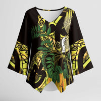 Yellow New Zealand Kowhai And Piwakawaka Kimono Sleeve Blouse Maori Ngaru Paua Shell - Polynesian Pride