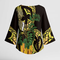 Yellow New Zealand Kowhai And Piwakawaka Kimono Sleeve Blouse Maori Ngaru Paua Shell - Polynesian Pride