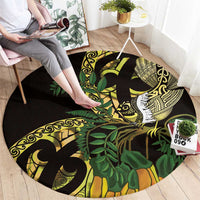 Yellow New Zealand Kowhai And Piwakawaka Round Carpet Maori Ngaru Paua Shell