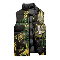 Yellow New Zealand Kowhai And Piwakawaka Sleeveless Puffer Jacket Maori Ngaru Paua Shell - Polynesian Pride