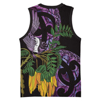 Purple New Zealand Kowhai And Piwakawaka Basketball Jersey Maori Ngaru Paua Shell - Polynesian Pride