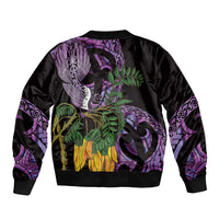 Purple New Zealand Kowhai And Piwakawaka Bomber Jacket Maori Ngaru Paua Shell