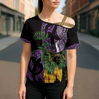 Purple New Zealand Kowhai And Piwakawaka Cross Shoulder Shirt Maori Ngaru Paua Shell - Polynesian Pride