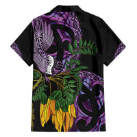 Purple New Zealand Kowhai And Piwakawaka Family Matching Off The Shoulder Long Sleeve Dress and Hawaiian Shirt Maori Ngaru Paua Shell