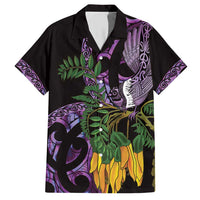 Purple New Zealand Kowhai And Piwakawaka Family Matching Short Sleeve Bodycon Dress and Hawaiian Shirt Maori Ngaru Paua Shell