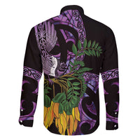 Purple New Zealand Kowhai And Piwakawaka Family Matching Short Sleeve Bodycon Dress and Hawaiian Shirt Maori Ngaru Paua Shell