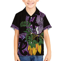 Purple New Zealand Kowhai And Piwakawaka Family Matching Short Sleeve Bodycon Dress and Hawaiian Shirt Maori Ngaru Paua Shell
