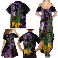 Purple New Zealand Kowhai And Piwakawaka Family Matching Summer Maxi Dress and Hawaiian Shirt Maori Ngaru Paua Shell