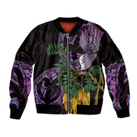 Purple New Zealand Kowhai And Piwakawaka Sleeve Zip Bomber Jacket Maori Ngaru Paua Shell