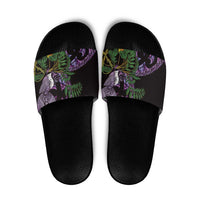 Purple New Zealand Kowhai And Piwakawaka Slide Sandals Maori Ngaru Paua Shell - Polynesian Pride