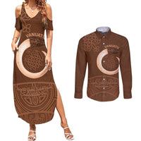 Vanuatu Indipendens Dei Couples Matching Summer Maxi Dress and Long Sleeve Button Shirt Yumi Sand Drawing Turtle Mix Lapita LT14 Brown - Polynesian Pride
